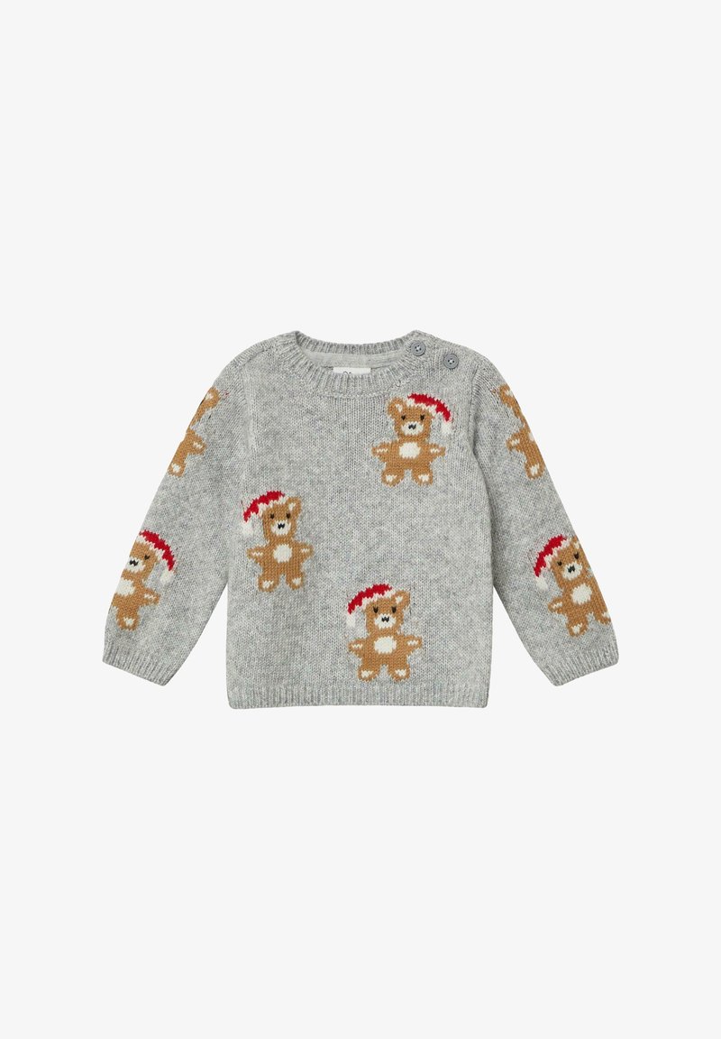 Maglione grigio chiaro in maglia con motivi di orsetti di peluche marroni e cappelli rossi. Maniche lunghe, colletto a costine e due bottoni decorativi sulla spalla.