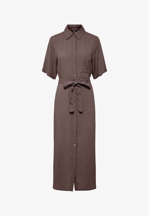 Rjava midi srajčna obleka s kratkimi rokavi, zapenjanjem na gumbe spredaj, žepom na prsih, koničastim ovratnikom in platnenim pasom, zvezanim v pasu.
