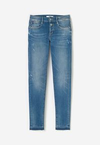 Vervaagde blauwe denim jeans met een slim fit, middelhoge taille en lichte slijtage aan de voorkant. Voorzien van traditionele pockets en een rafelige zoom.