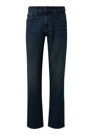 Dunkelblaue Jeans aus Denim mit klassischem geradem Bein. Verfügt über einen Fünf-Taschen-Stil und Kontrastnähte. Glatte Textur, minimale Verblassung.