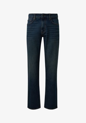 Dunkelblaue Jeans aus Denim mit klassischem geradem Bein. Verfügt über einen Fünf-Taschen-Stil und Kontrastnähte. Glatte Textur, minimale Verblassung.