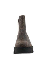 Ankle boty s leopardím potiskem, s texturovaným povrchem, černou gumovou podrážkou a bočním zipem. Elegantní design s kulatou špičkou.