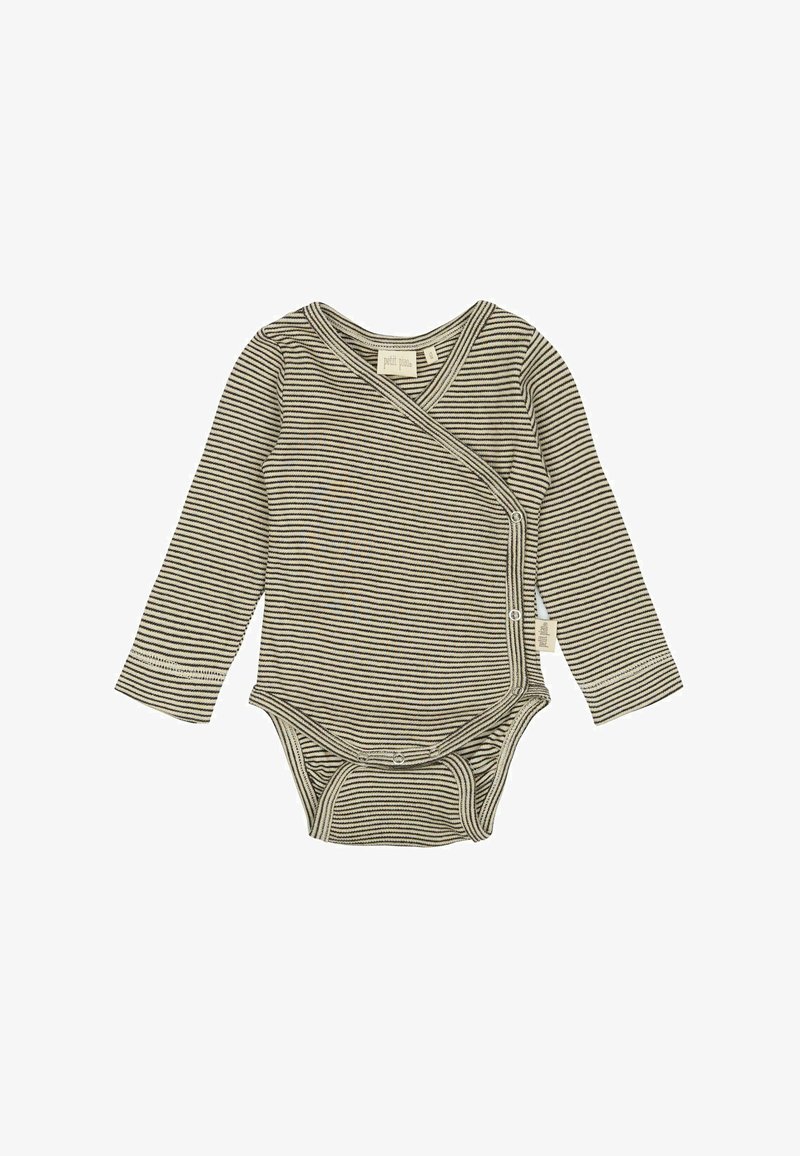 Prugasta dugorukava beba bodi u umirujućim zelenim i bež tonovima, s preklopnim dizajnom i kopčama na dugmadima, izrađen od mekog i fleksibilnog materijala.