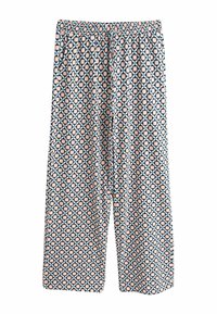 Pantalon de pyjama à motifs avec un design géométrique en marine, rose et blanc, doté d'une ceinture élastique et d'un cordon de serrage pour un ajustement réglable.