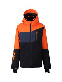 Giacca a vento con cappuccio arancione, navy e nera, con zip frontale, testo del marchio sul petto e design geometrico sulla manica sinistra.