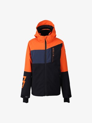 Giacca a vento con cappuccio arancione, navy e nera, con zip frontale, testo del marchio sul petto e design geometrico sulla manica sinistra.