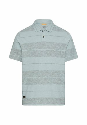 Lichtgrijs poloshirt met horizontale donkergrijze strepen, korte mouwen, twee knopen en een klein logo op de borst.