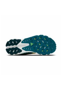 Sportschoen zool met een turkooise rubberen onderkant met multidirectionele gripnoppen, witte tussenzool en groene accenten op de hiel.