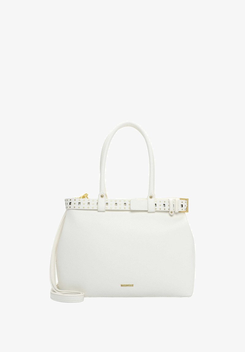 Borsa bianca realizzata in materiale sintetico strutturato, con due manici, una tracolla rimovibile e un design a cintura borchiata con dettagli dorati.