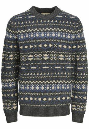 Gebreide trui met een ronde hals, ingewikkelde patronen in blauw, wit en grijs, met ribgebreide manchetten en onderrand voor extra textuur.