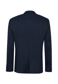 Blazer blu navy realizzato in tessuto liscio, con design sartoriale e rever a punta, maniche lunghe, spacco posteriore, con quattro bottoni su ciascun polsino.