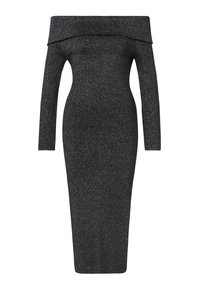 Zwart off-shoulder jurk van textuurstof met een metallic glans, aansluitende silhouette en lange mouwen, eindigend onder de knie.