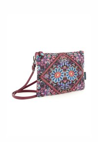 Borsa a tracolla con motivo floreale, ricamo multicolore, sfondo scuro, dettagli in pelle bordeaux e tracolla regolabile.