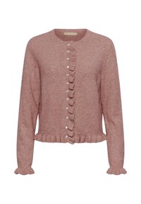 Rózsaszín kötött kardigán kerek nyakkivágással, elülső ezüstgombokkal, valamint fodros szélekkel az ujjakon, az alján és a gombsor mentén.