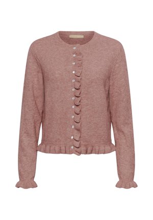 Rozā adīta jaciņa ar apaļu kakla izgriezumu, priekšējām sudraba pogām un kroku malām pie piedurknēm, apakšmalas un pogām.