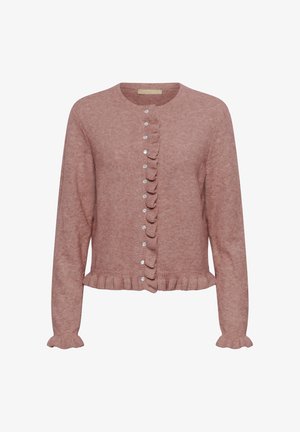 Roosa kudum-sügisjakk ümmarguse kaelusega, esifliisid hõbedased nupud ja volangilised ääred varrukatel, hemil ja nupujoonel.