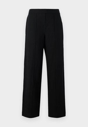 Schwarze weite Hosen aus glattem Stoff, mit flachem Vorderteil, zwei vertikalen Nähten und einem schlichten Bunddesign.