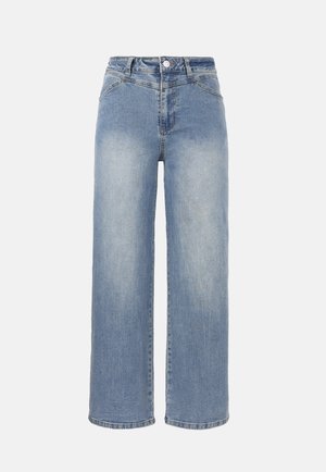 Svetlo modre hlače iz jeansa z visokim pasom in širokimi hlačnicami, s posvetljenim žganjem, sprednjim gumbom, zadrgo in klasičnim petžepnim dizajnom.