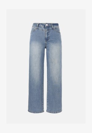 Svetlo modre hlače iz jeansa z visokim pasom in širokimi hlačnicami, s posvetljenim žganjem, sprednjim gumbom, zadrgo in klasičnim petžepnim dizajnom.