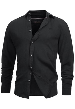 Čierna košeľa s dlhými rukávmi, vyrobená z hladkej tkaniny. Má klasický golier a diskrétny detail s logom na hrudi.