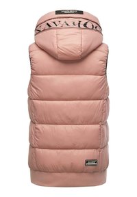 Rosa pufferväst med huva, horisontell quiltad m�önster, ribbad nederkant och logotypdetalj på baksidan. Slät, glänsande tygstruktur.