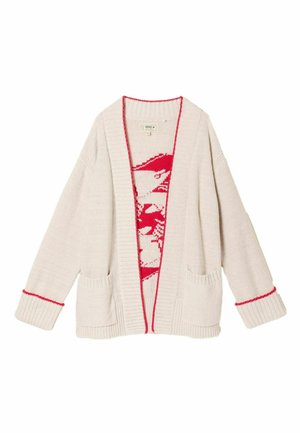 Beige knit cardigan with red trim on cuffs and front edge, two front pockets, and red and white abstract pattern inside front panel.