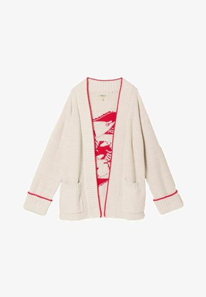 Beežist kudumiga kardigan punase äärisega varrukate ja esikülje servade ümber, kahel esitaskul ning eesosal punase ja valge abstraktse mustriga.