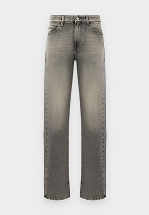 Grå denimjeans med rett ben-design, med et falmet mønster, fem lommer og stikninger langs sømene og midjen.