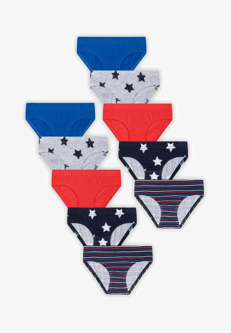 Zece perechi de chiloți pentru copii în culorile albastru, roșu, gri cu modele de stele și bleu marin cu dungi. Material din bumbac, bandă elastică, designuri variate.