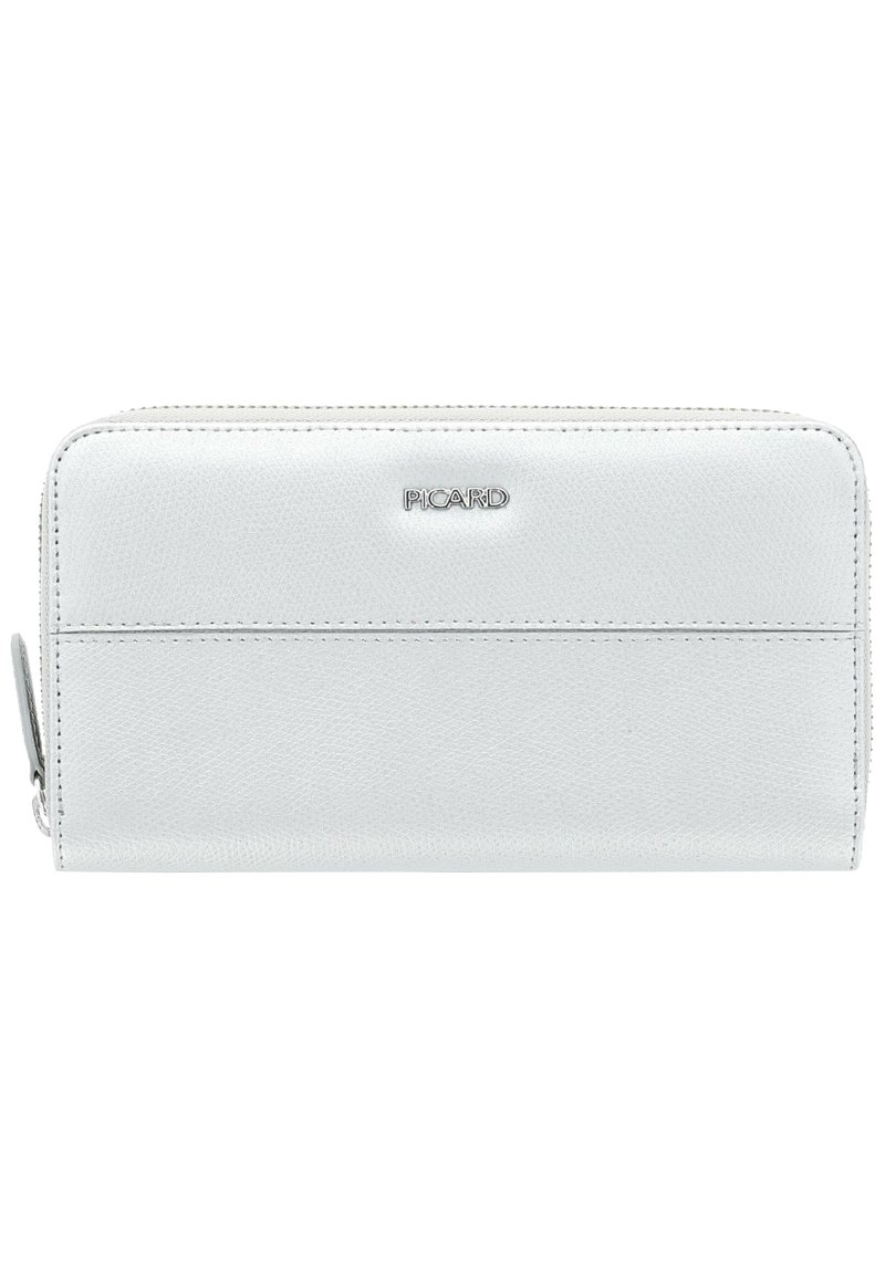 White textured leather wallet with a zip closure, featuring a silver logo and contrasting stitching. Rectangular shape and smooth finish.