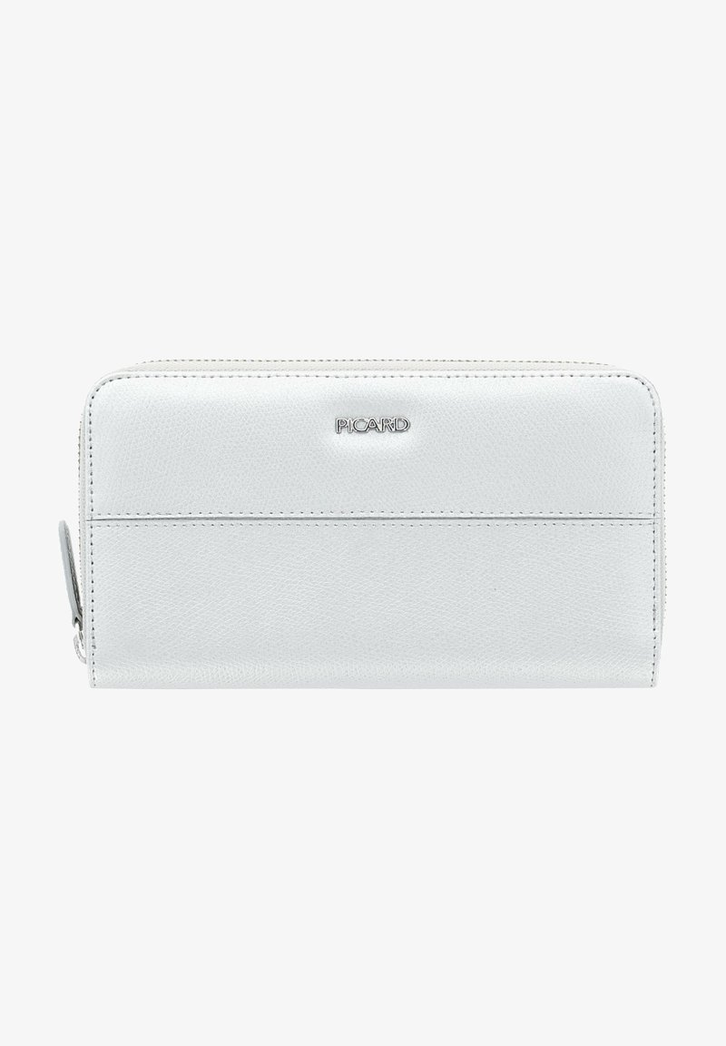 White textured leather wallet with a zip closure, featuring a silver logo and contrasting stitching. Rectangular shape and smooth finish.