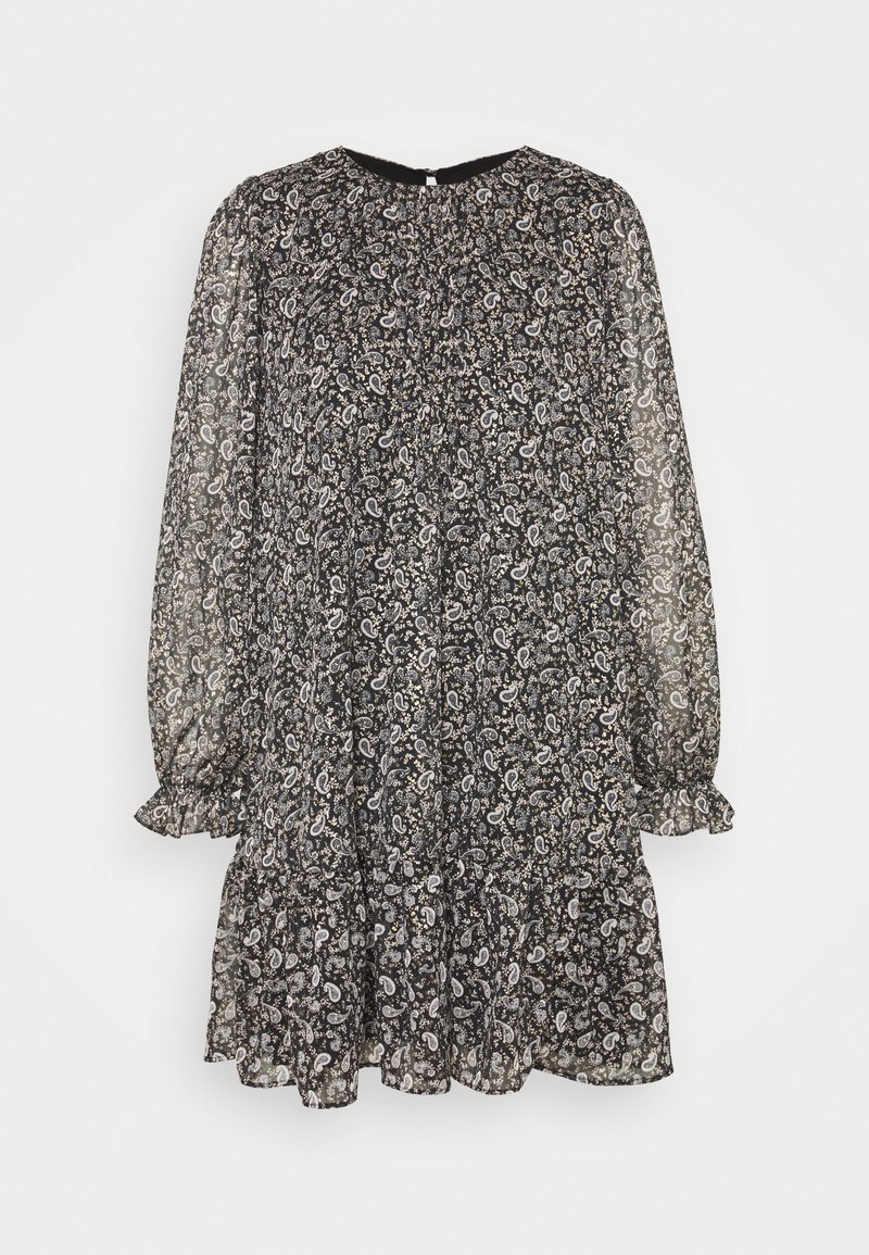 Mini-robe noire à manches longues avec imprimé paisley et floral blanc, poignets à volants et col haut froncé.