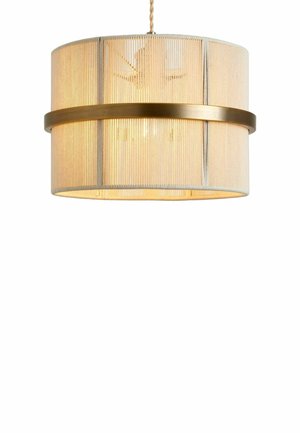 Round pendant lamp with beige fabric shade and horizontal brushed gold metal band, emitting warm light.