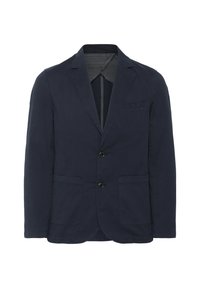 Blazer in cotone blu navy con due tasche frontali, design a un solo petto e rever a punta. Texture liscia, dettagli minimi.