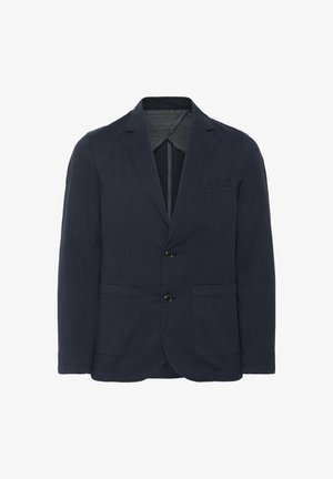 Sacou din bumbac de culoare bleumarin, cu două buzunare frontale, design cu un singur nasture și rever ciupit. Textură netedă, accente minime.