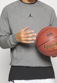 Felpa grigia con maniche lunghe nere, con un logo Jordan nero centrale sul petto. La persona tiene un pallone da basket.