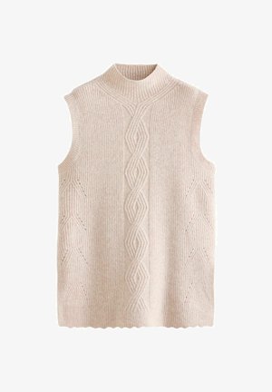 Pull en tricot sans manches rose clair avec un col montant, présentant un motif en relief en cable et des détails côtelés, terminé par un ourlet festonné.