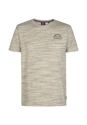 Kurzärmeliges beige-graues T-Shirt mit Rundhalsausschnitt und kleinem schwarzem Textlogo auf der linken Brust mit der Aufschrift "Petrol Industries".