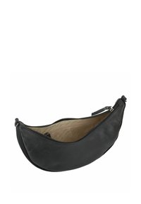 Borsa a mano in pelle nera con forma a mezzaluna curvata. Presenta una chiusura con zip superiore e foderatura beige. Include un piccolo manico esterno.