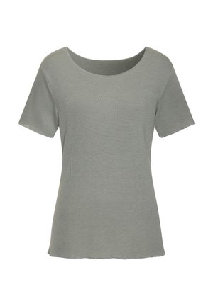 Gray short-sleeve knit top with round neckline and slightly flared hem, displayed against a white background.
