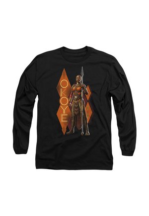 Black long-sleeve shirt featuring a graphic of a warrior character in orange and brown attire, holding a spear, with "OKOYE" text beside her.