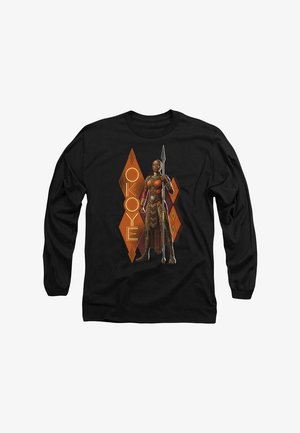 Black long-sleeve shirt featuring a graphic of a warrior character in orange and brown attire, holding a spear, with "OKOYE" text beside her.