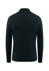 Polo de manga larga de color verde oscuro. Presenta un cuello y puños acanalados, una textura suave y un corte simple y clásico con un dobladillo recto.