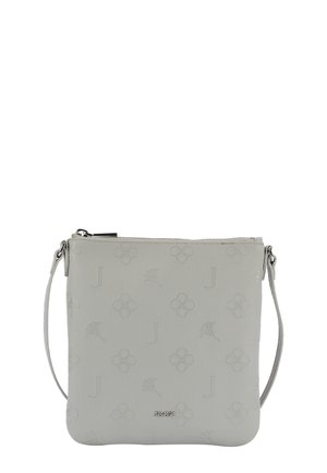 Borsa crossbody strutturata grigia realizzata in pelle testurizzata, caratterizzata da motivi floreali in rilievo, chiusura con zip e tracolla removibile.