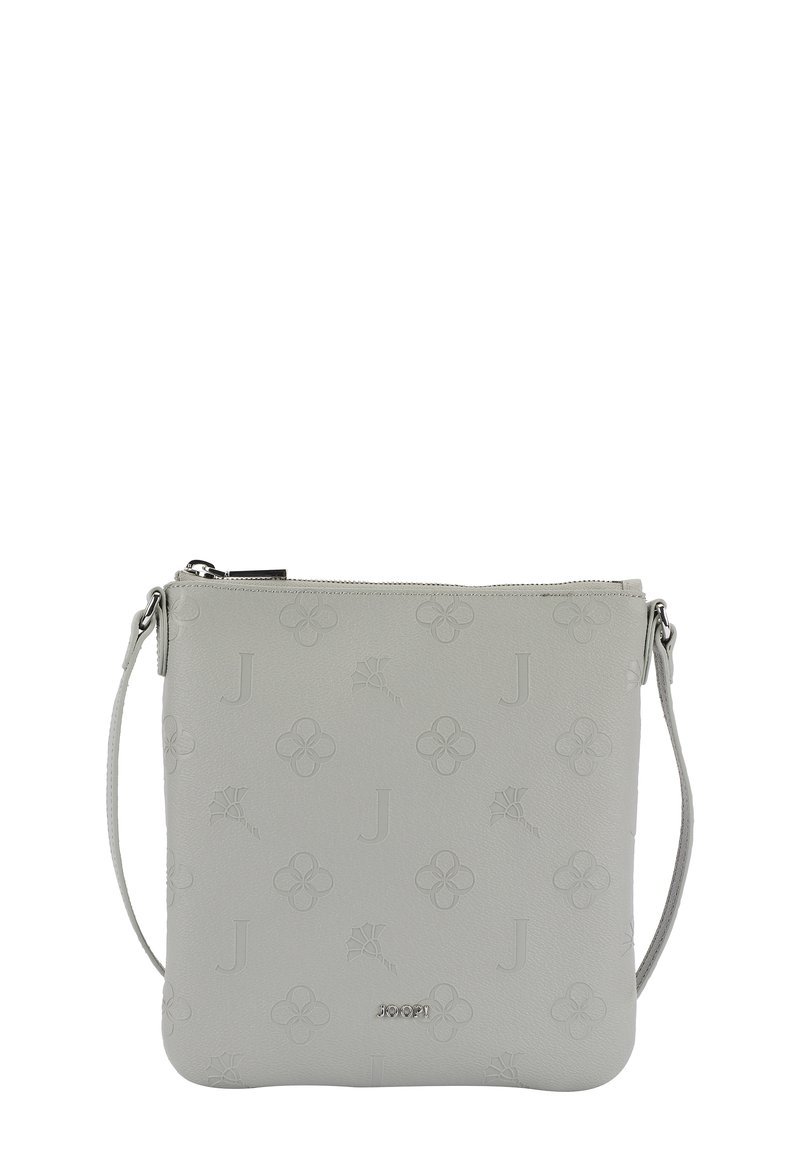 Borsa crossbody strutturata grigia realizzata in pelle testurizzata, caratterizzata da motivi floreali in rilievo, chiusura con zip e tracolla removibile.