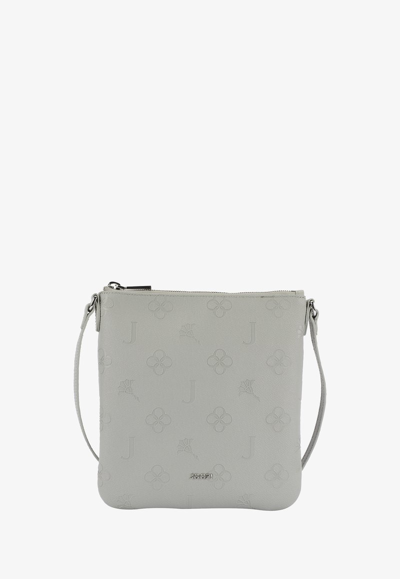 Borsa crossbody strutturata grigia realizzata in pelle testurizzata, caratterizzata da motivi floreali in rilievo, chiusura con zip e tracolla removibile.