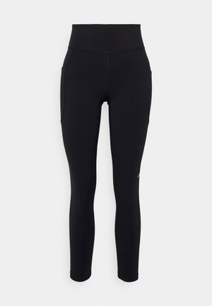 Zwarte leggings met een hoge tailleband, zijzakken en een gladde, rekbare stof. Heeft een minimalistisch ontwerp zonder patronen of logo's.