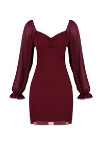 Bordeauxfarbenes Kleid mit tailliertem Oberteil, durchsichtigen Puffärmeln und gerafftem Detail an der Vorderseite. Der Saum ist leicht transparent und hat einen gewellten Abschluss.
