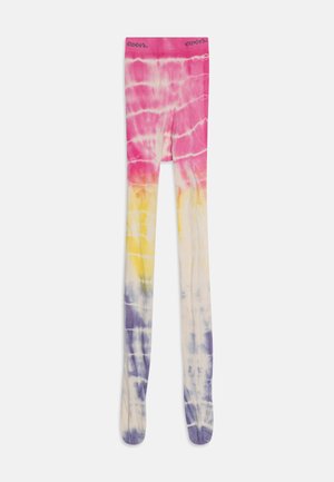 Tie-Dye-Leggings mit einem Farbverlauf aus pinken, gelben und lila Farbtönen, sanfter Textur und bequemem Bund.