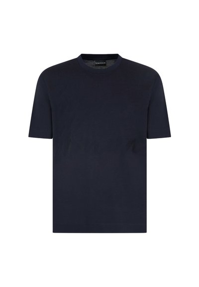 T-shirt bleu marine à manches courtes en coton, avec un col rond et un ourlet droit, texture lisse sans motifs ni accents visibles.